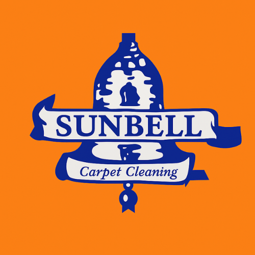 Sunbell Carpet Cleaning logo with blue bell-shaped emblem on orange background