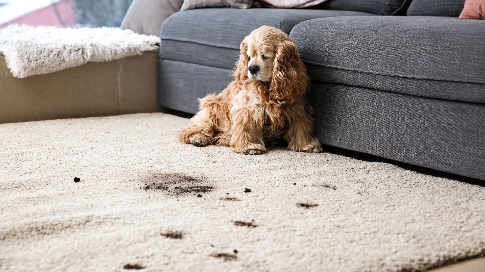 Guilty-looking Cocker Spaniel sitting next to muddy paw prints on carpet