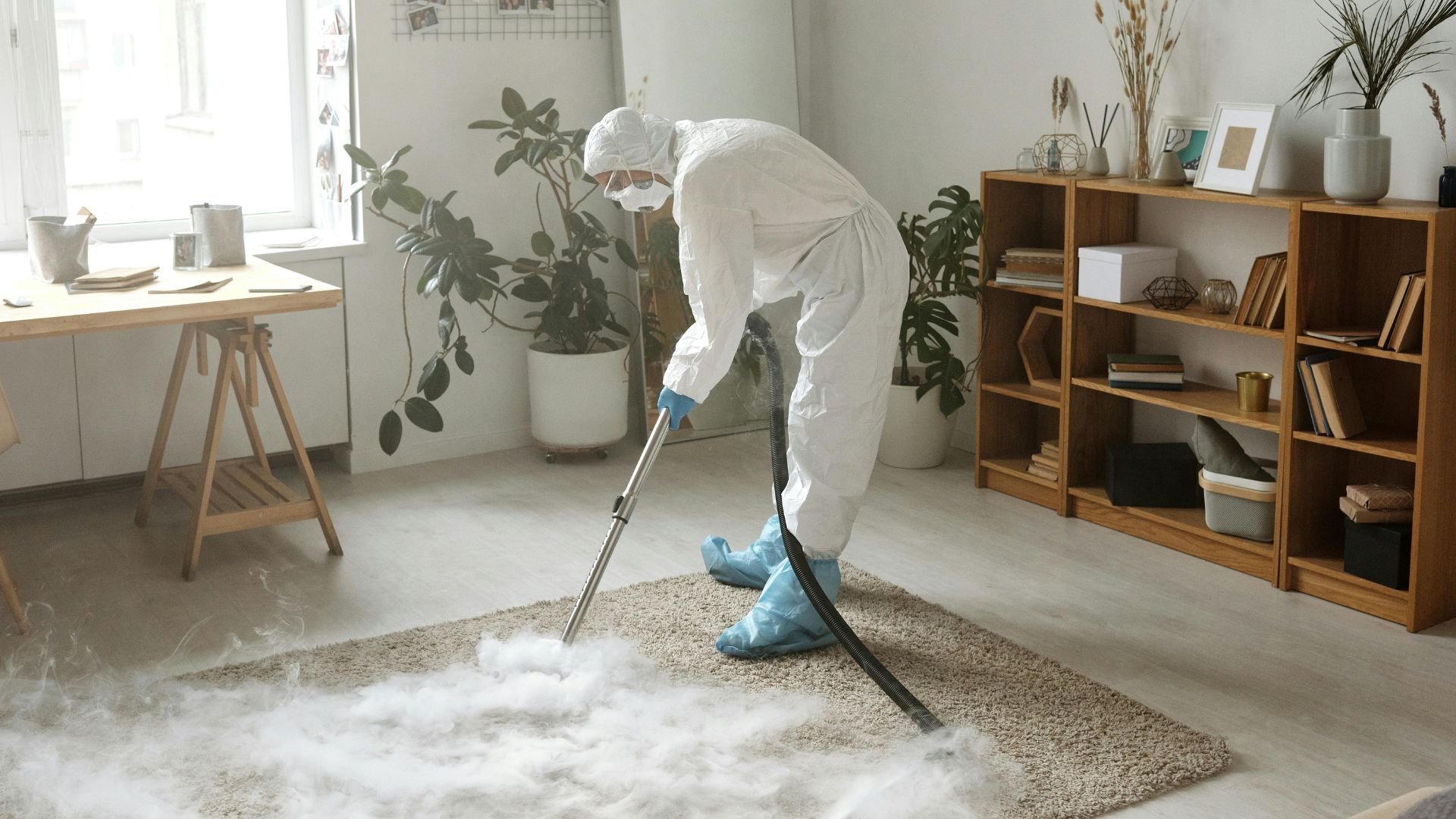 Person in protective suit deep cleaning carpet with steaming vacuum